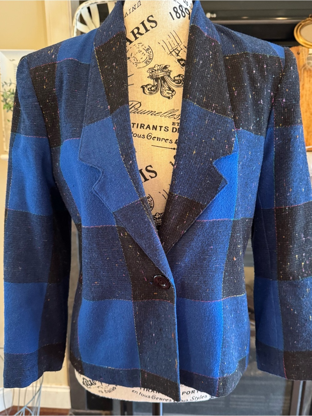 Nancy Bolen City Girl Blue Black Vintage Tweed Plaid Blazer Wool Blend 90s Small